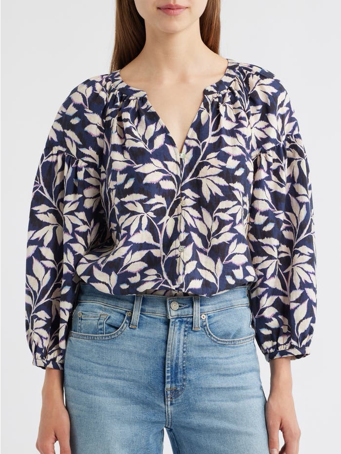 Rails Vasia Navy Vines Printed V-Neck Puff Sleeve Top S